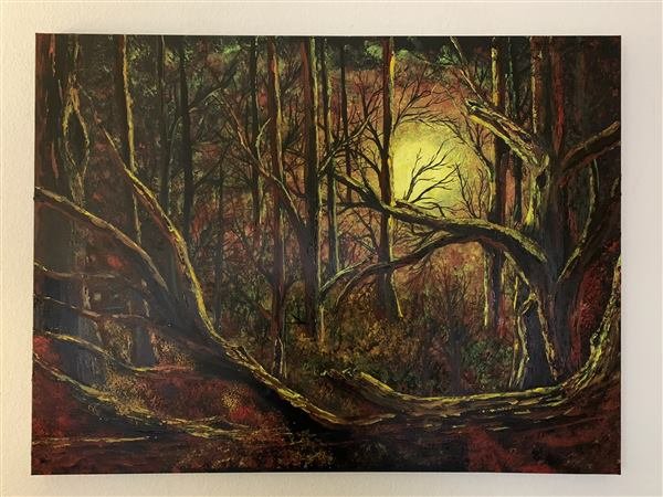Oil painting of a fallen tree in a dark forest, sunlight breaking through bare branches in a warm golden glow.