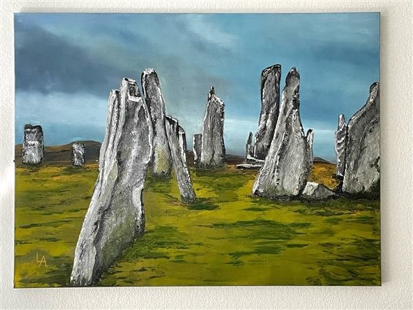 Oil painting of the Callanish Standing Stones in Scotland, tall weathered monoliths rising from green moorland under a stormy sky.