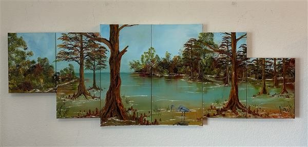 Oil painting collage of a cypress swamp spanning six canvases, a heron wading among ancient trees in green-blue water.